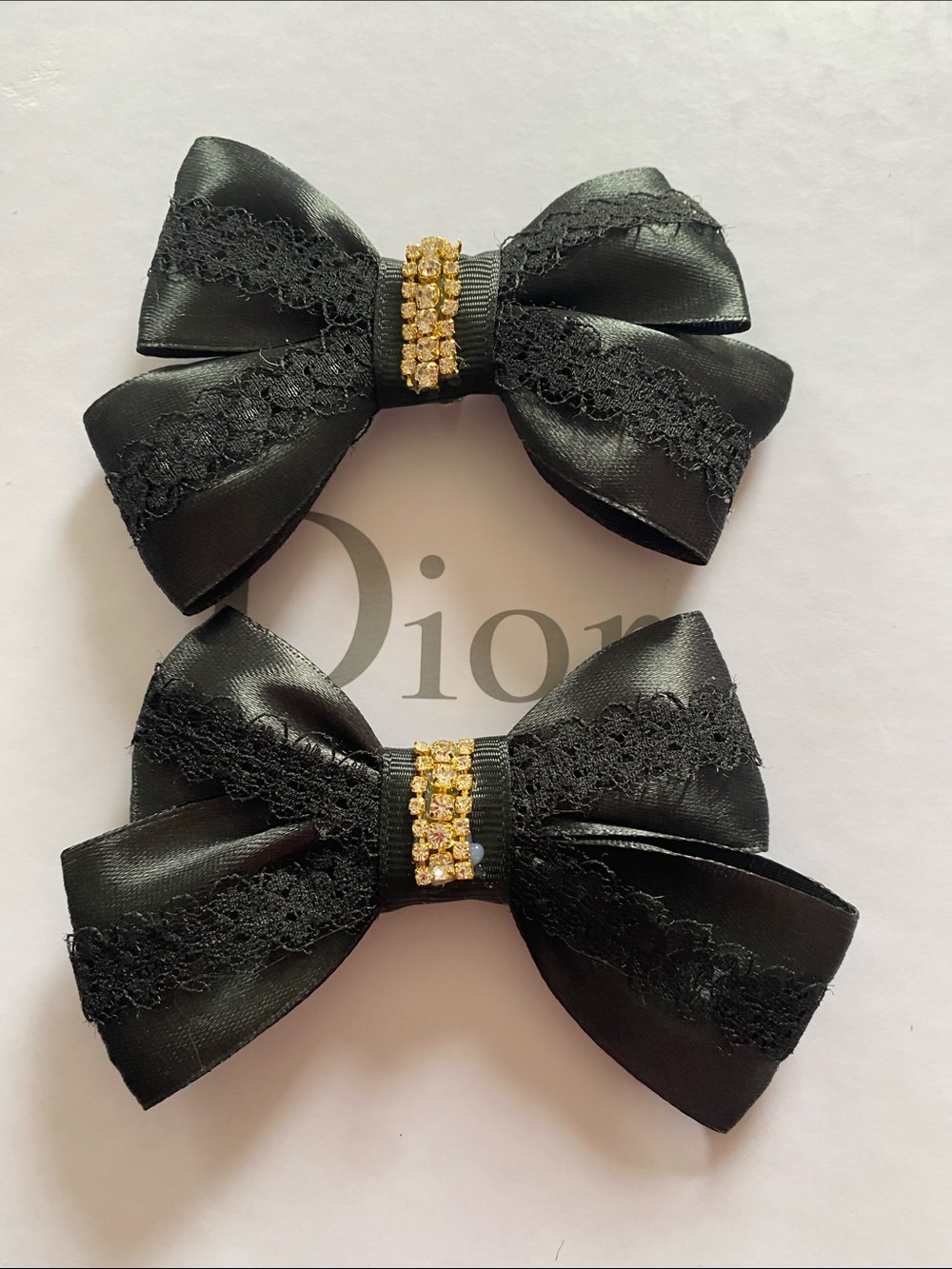 Black Satin Lace Bow Shoe Clips with Gold Crystal Band Handmade